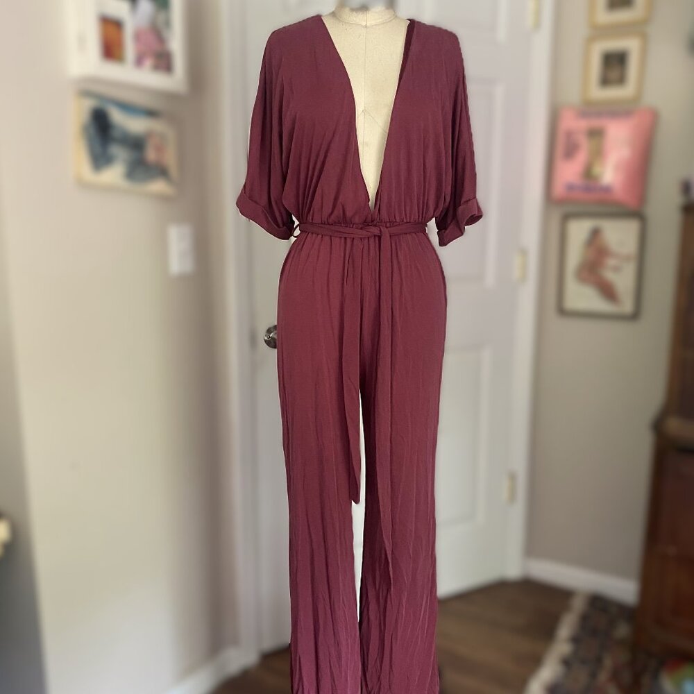 emory park MAUVE stretchy Low Plunge V neck Smocked Belted Romper Jumpsuit *SML*